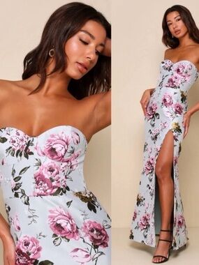 Lulu’s Sage Green & Pink Floral Bustier Maxi Dress Homecoming Wedding Prom